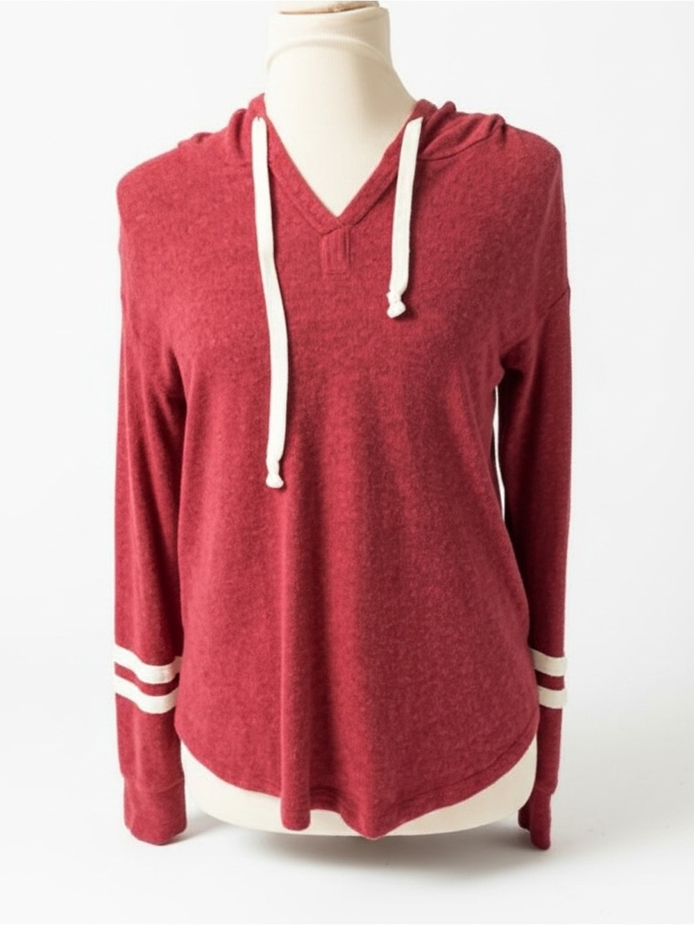 Hollister Red Hooded Pullover with White Stripe Cuffs